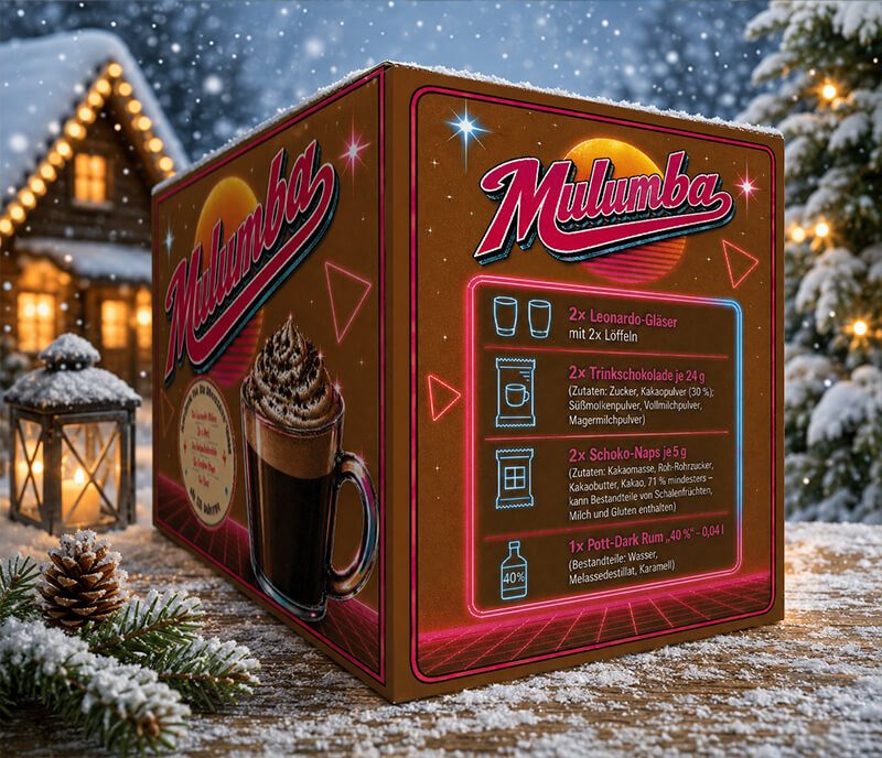 Mulumba Geschenkset, 2 Gläser, 2 Löffel, 2 Trinkschokolade, 2 Schoko-Naps und 1 Rum